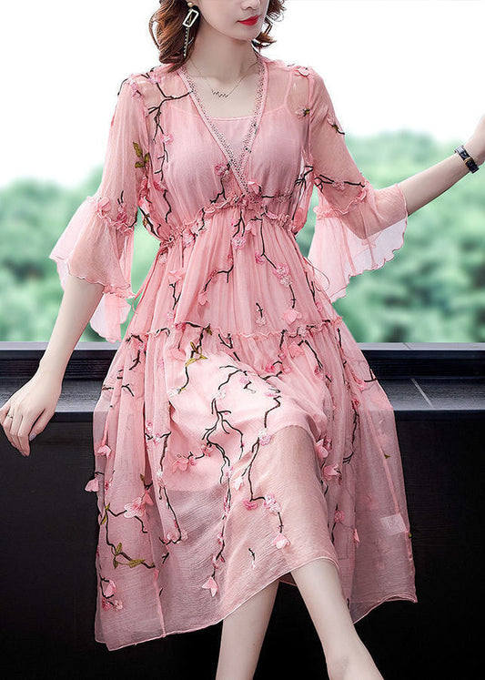 Elegant Pink Ruffled Embroideried ChiffonSilk Maxi Dresses Flare Sleeve LY0523 - fabuloryshop