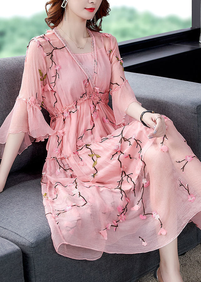 Elegant Pink Ruffled Embroideried ChiffonSilk Maxi Dresses Flare Sleeve LY0523 - fabuloryshop