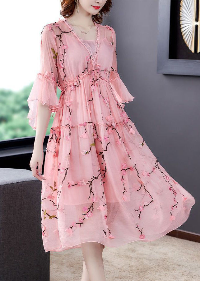 Elegant Pink Ruffled Embroideried ChiffonSilk Maxi Dresses Flare Sleeve LY0523 - fabuloryshop