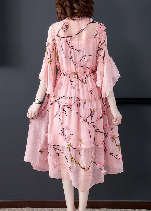 Elegant Pink Ruffled Embroideried ChiffonSilk Maxi Dresses Flare Sleeve LY0523 - fabuloryshop