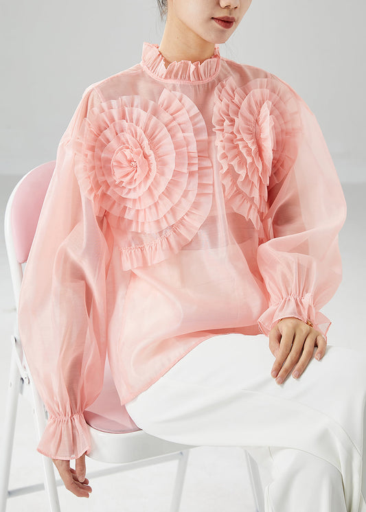 Elegant Pink Ruffled Floral Chiffon Blouses Summer LY6145 - fabuloryshop