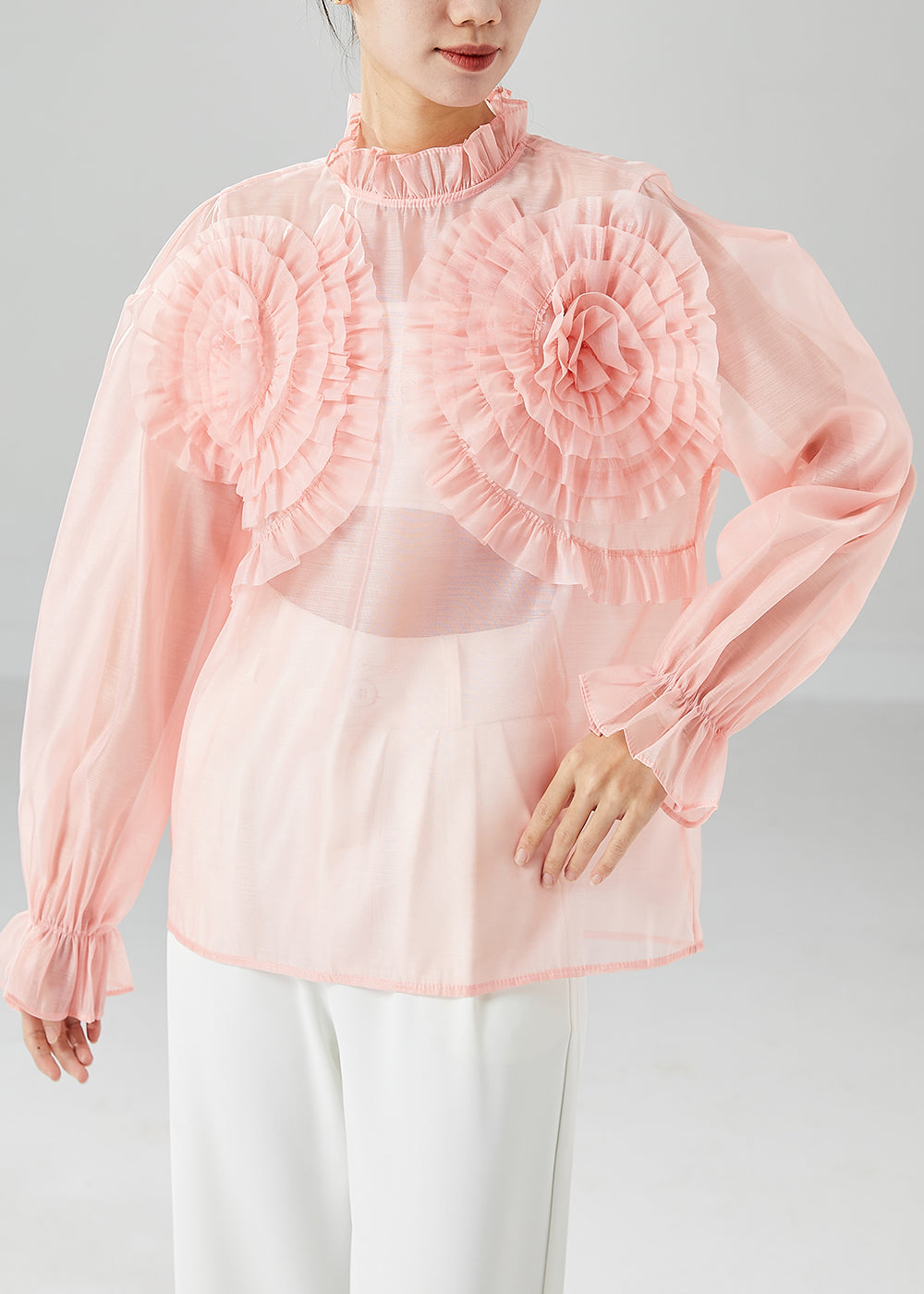 Elegant Pink Ruffled Floral Chiffon Blouses Summer LY6145 - fabuloryshop