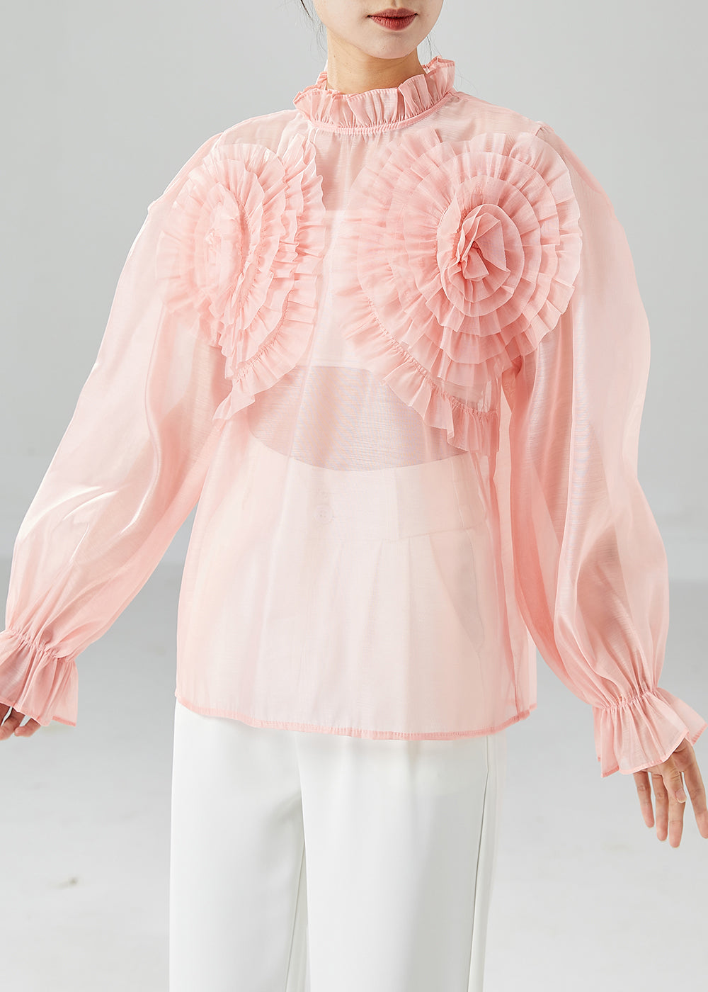 Elegant Pink Ruffled Floral Chiffon Blouses Summer LY6145 - fabuloryshop