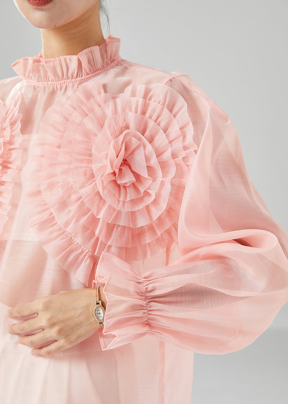 Elegant Pink Ruffled Floral Chiffon Blouses Summer LY6145 - fabuloryshop