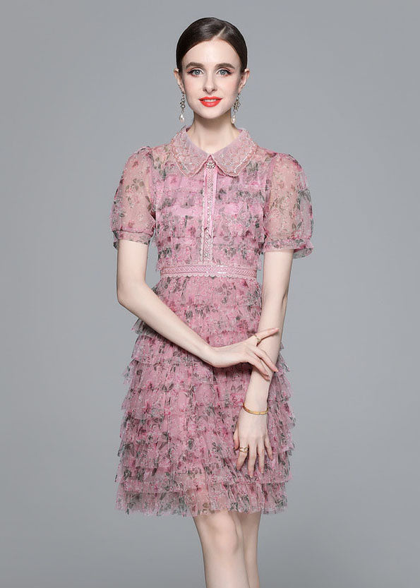 Elegant Pink Ruffled Nail Bead Print Patchwork Tulle Mid Dress Summer LY7428 - fabuloryshop