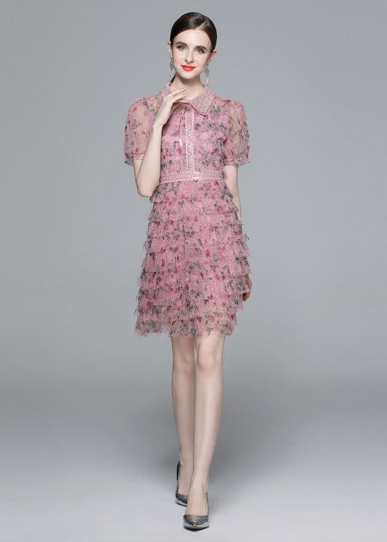Elegant Pink Ruffled Nail Bead Print Patchwork Tulle Mid Dress Summer LY7428 - fabuloryshop