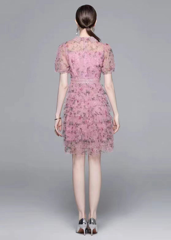 Elegant Pink Ruffled Nail Bead Print Patchwork Tulle Mid Dress Summer LY7428 - fabuloryshop