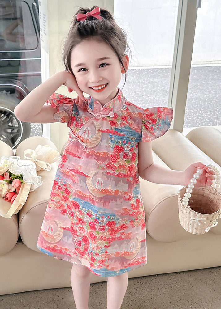 Elegant Pink Stand Collar Button Girls Mid Dress Summer LY5453 - fabuloryshop