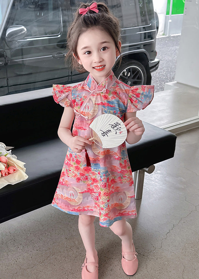 Elegant Pink Stand Collar Button Girls Mid Dress Summer LY5453 - fabuloryshop