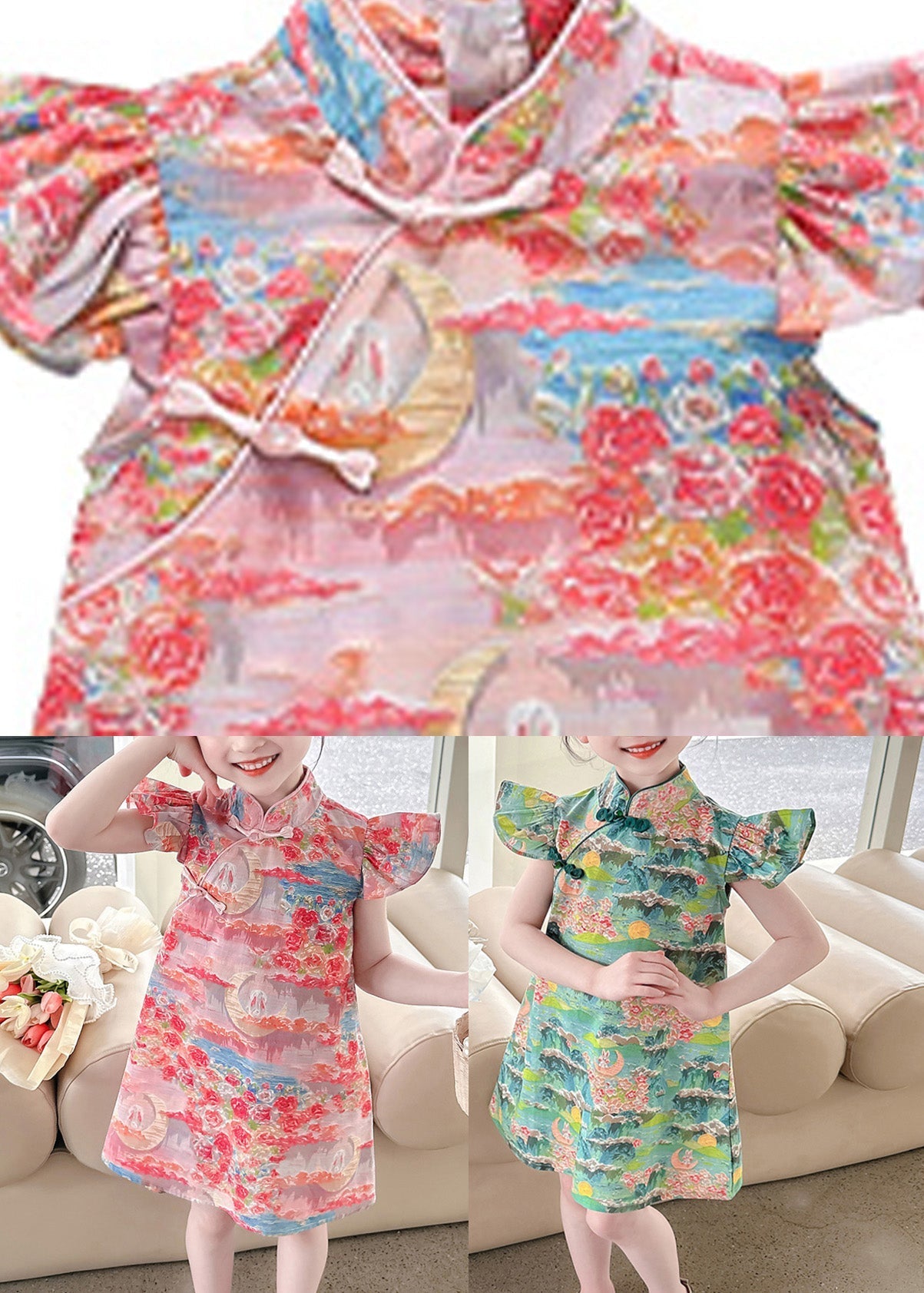 Elegant Pink Stand Collar Button Girls Mid Dress Summer LY5453 - fabuloryshop