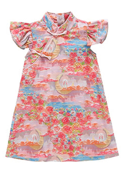 Elegant Pink Stand Collar Button Girls Mid Dress Summer LY5453 - fabuloryshop