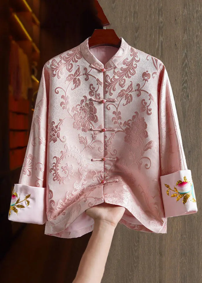 Elegant Pink Stand Collar Embroideried Silk Coat Long Sleeve Ada Fashion