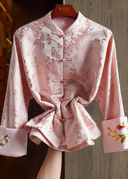 Elegant Pink Stand Collar Embroideried Silk Coat Long Sleeve Ada Fashion