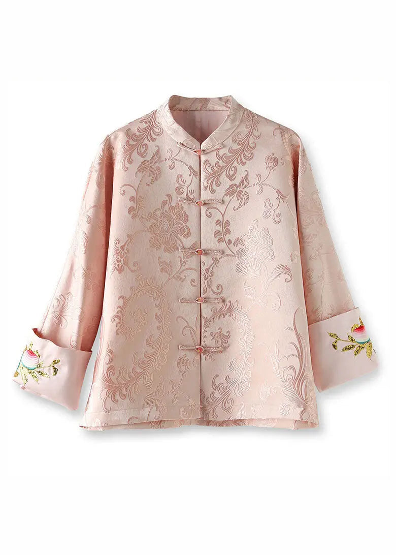 Elegant Pink Stand Collar Embroideried Silk Coat Long Sleeve Ada Fashion