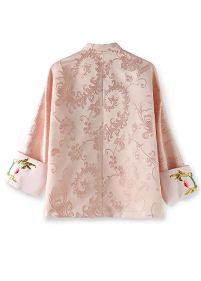 Elegant Pink Stand Collar Embroideried Silk Coat Long Sleeve Ada Fashion