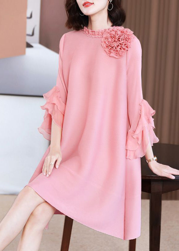 Elegant Pink Stand Collar Floral Nail Bead Vacation Dresses Petal Sleeve LY2725 - fabuloryshop