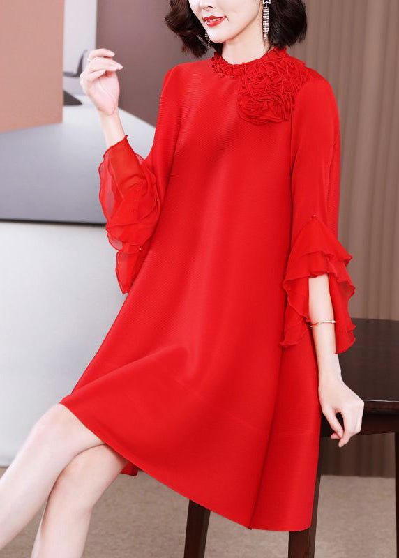 Elegant Pink Stand Collar Floral Nail Bead Vacation Dresses Petal Sleeve LY2725 - fabuloryshop