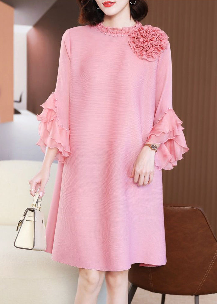 Elegant Pink Stand Collar Floral Nail Bead Vacation Dresses Petal Sleeve LY2725 - fabuloryshop