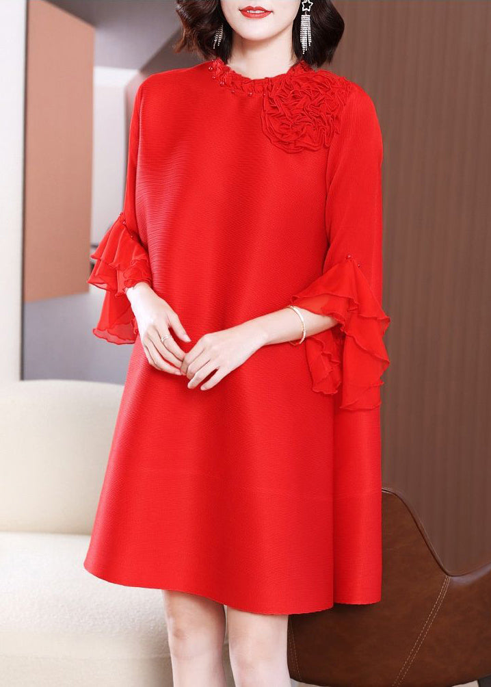 Elegant Pink Stand Collar Floral Nail Bead Vacation Dresses Petal Sleeve LY2725 - fabuloryshop