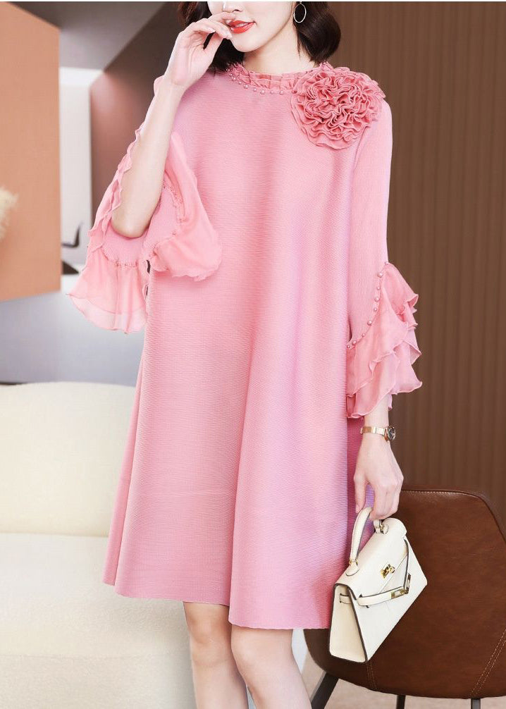 Elegant Pink Stand Collar Floral Nail Bead Vacation Dresses Petal Sleeve LY2725 - fabuloryshop