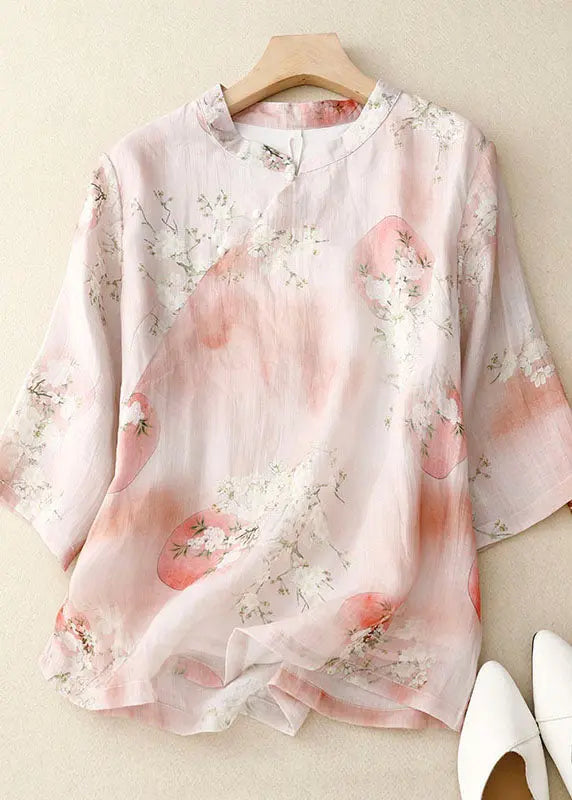 Elegant Pink Stand Collar Print Patchwork Cotton Shirts Top Summer Ada Fashion