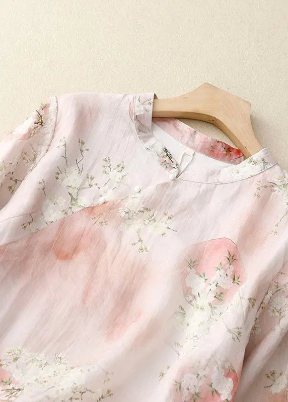 Elegant Pink Stand Collar Print Patchwork Cotton Shirts Top Summer Ada Fashion