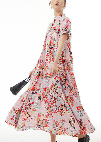 Elegant Pink Stand Collar Wrinkled Print Patchwork Chiffon Dress Summer LY1234 - fabuloryshop