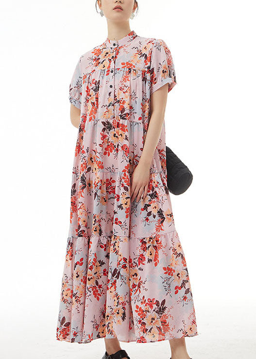 Elegant Pink Stand Collar Wrinkled Print Patchwork Chiffon Dress Summer LY1234 - fabuloryshop