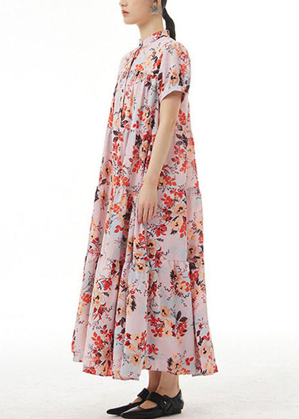 Elegant Pink Stand Collar Wrinkled Print Patchwork Chiffon Dress Summer LY1234 - fabuloryshop