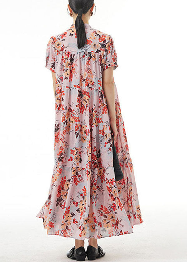 Elegant Pink Stand Collar Wrinkled Print Patchwork Chiffon Dress Summer LY1234 - fabuloryshop