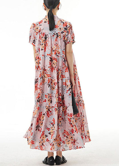 Elegant Pink Stand Collar Wrinkled Print Patchwork Chiffon Dress Summer LY1234 - fabuloryshop