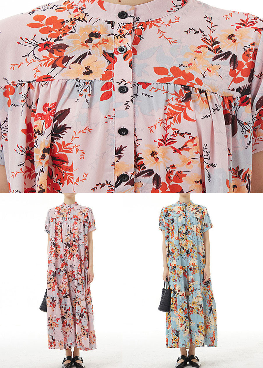 Elegant Pink Stand Collar Wrinkled Print Patchwork Chiffon Dress Summer LY1234 - fabuloryshop