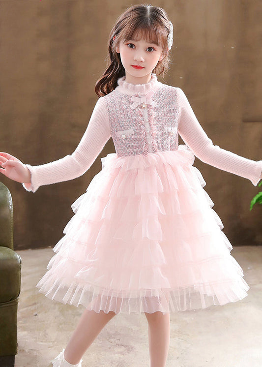 Elegant Pink Turtleneck Knit Patchwork Tulle Kids Vacation Mid Dresses Long Sleeve Ada Fashion