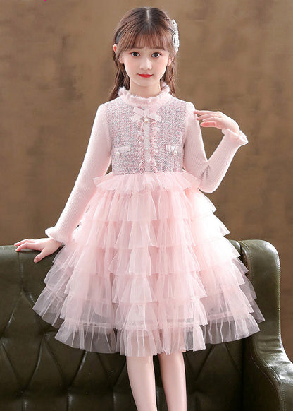 Elegant Pink Turtleneck Knit Patchwork Tulle Kids Vacation Mid Dresses Long Sleeve Ada Fashion