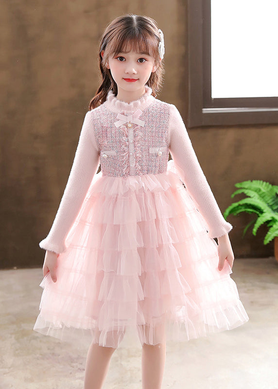 Elegant Pink Turtleneck Knit Patchwork Tulle Kids Vacation Mid Dresses Long Sleeve Ada Fashion