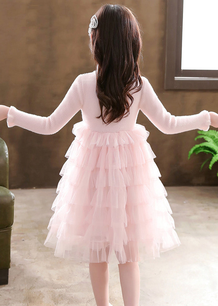 Elegant Pink Turtleneck Knit Patchwork Tulle Kids Vacation Mid Dresses Long Sleeve Ada Fashion