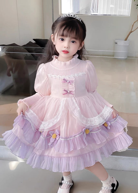 Elegant Pink Turtleneck Tulle Patchwork Knit Girls Holiday Maxi Dress Long Sleeve Ada Fashion