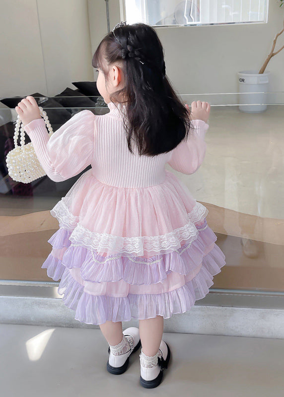 Elegant Pink Turtleneck Tulle Patchwork Knit Girls Holiday Maxi Dress Long Sleeve Ada Fashion