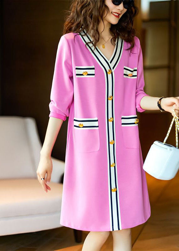 Elegant Pink V Neck Button Patchwork Cotton Mid Dress Spring LY3831 - fabuloryshop