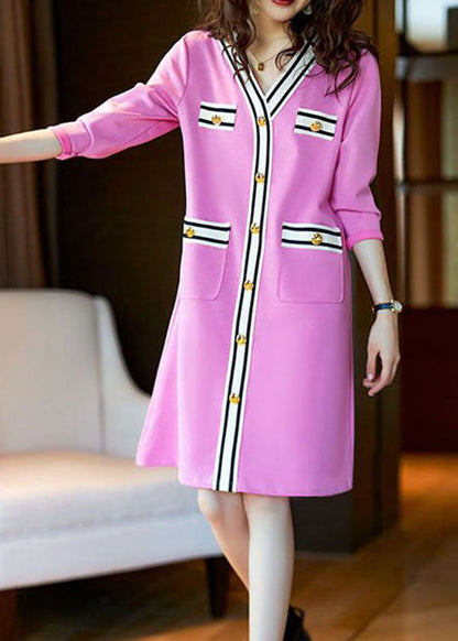 Elegant Pink V Neck Button Patchwork Cotton Mid Dress Spring LY3831 - fabuloryshop