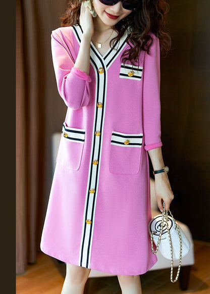 Elegant Pink V Neck Button Patchwork Cotton Mid Dress Spring LY3831 - fabuloryshop