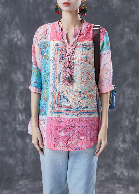 Elegant Pink V Neck Print Linen Tops Half Sleeve LY4124 - fabuloryshop