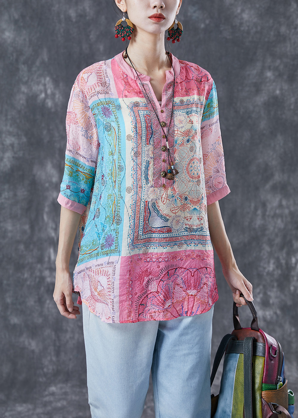 Elegant Pink V Neck Print Linen Tops Half Sleeve LY4124 - fabuloryshop