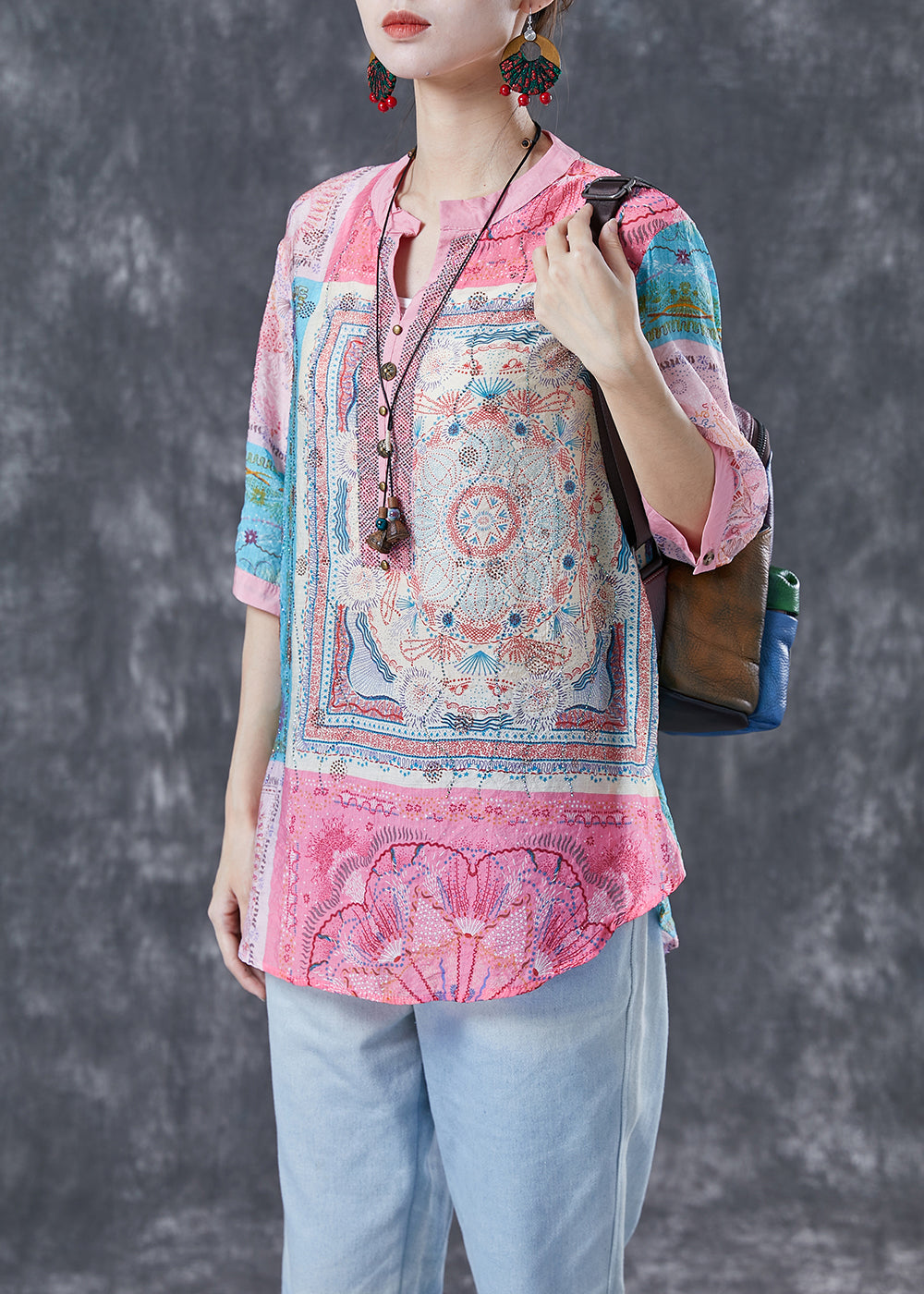 Elegant Pink V Neck Print Linen Tops Half Sleeve LY4124 - fabuloryshop