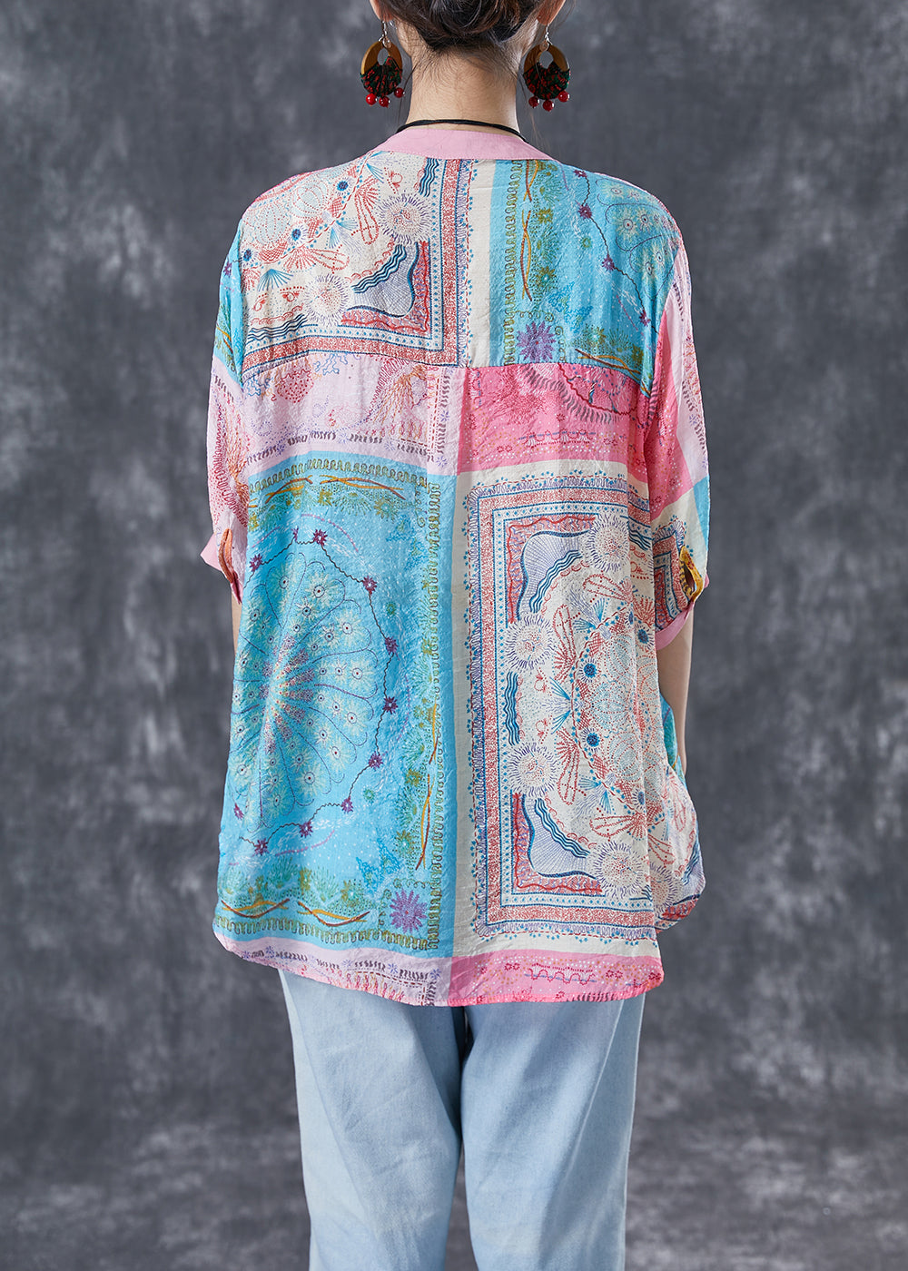 Elegant Pink V Neck Print Linen Tops Half Sleeve LY4124 - fabuloryshop