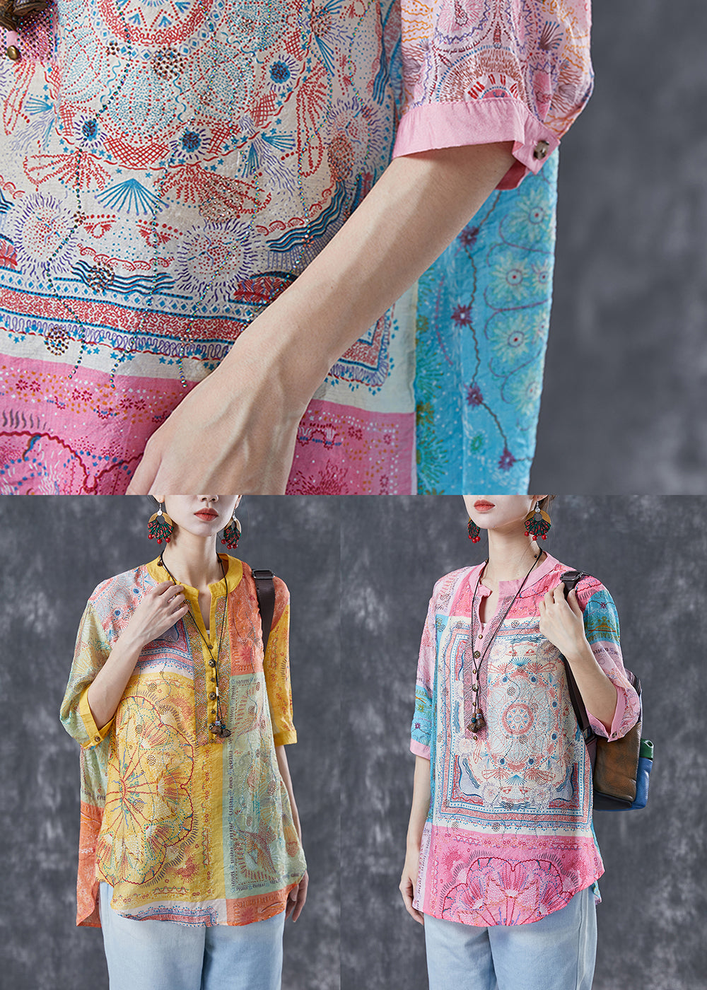 Elegant Pink V Neck Print Linen Tops Half Sleeve LY4124 - fabuloryshop