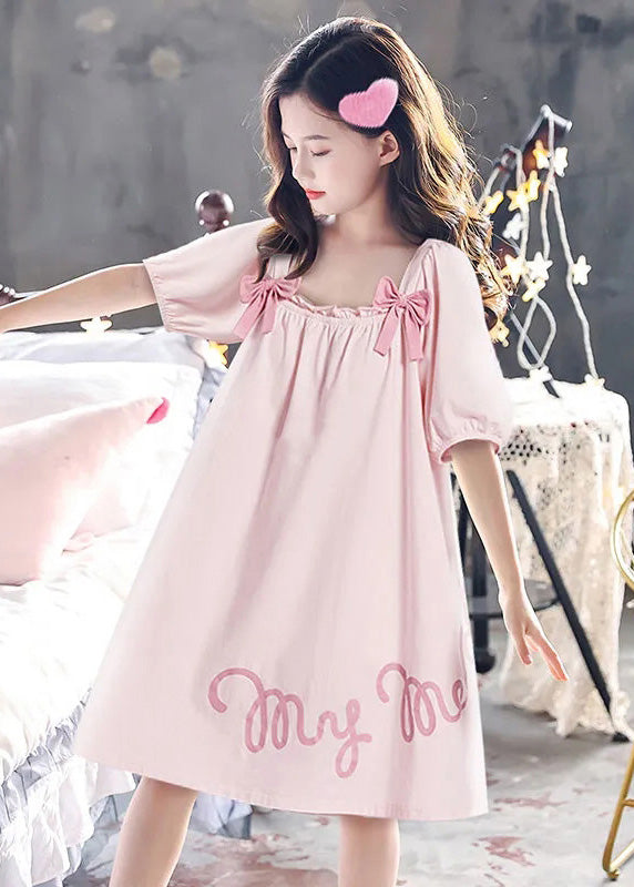 Elegant Pink Wrinkled Graphic Bow Cotton Girls Maxi Dress Short Sleeve LY6452 - fabuloryshop