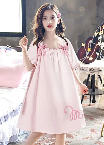 Elegant Pink Wrinkled Graphic Bow Cotton Girls Maxi Dress Short Sleeve LY6452 - fabuloryshop