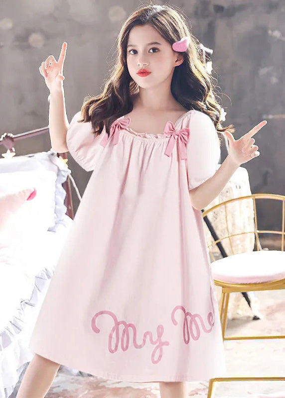 Elegant Pink Wrinkled Graphic Bow Cotton Girls Maxi Dress Short Sleeve LY6452 - fabuloryshop