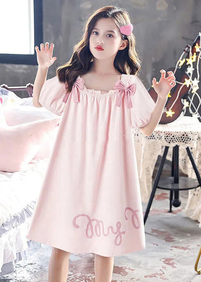 Elegant Pink Wrinkled Graphic Bow Cotton Girls Maxi Dress Short Sleeve LY6452 - fabuloryshop